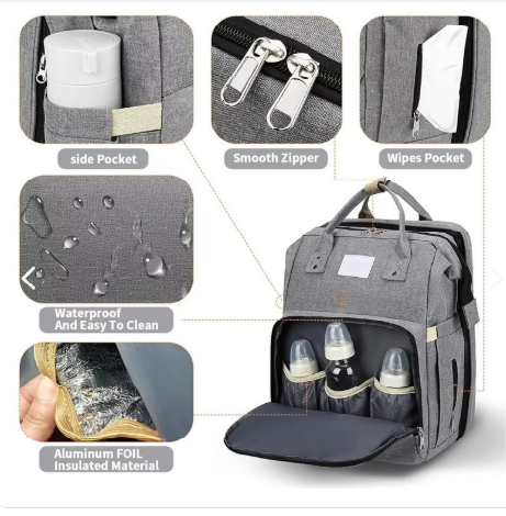 Pañalera Cuna mudador 3 en 1 Gris